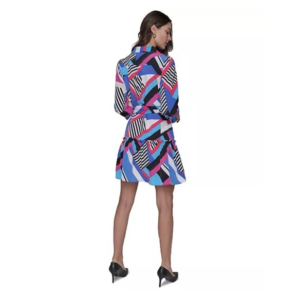 KARL LAGERFELD PARIS Crepe Geometric Print Collar 3/4 Sleeve Belted Dress Sz 10 - Picture 8 of 9